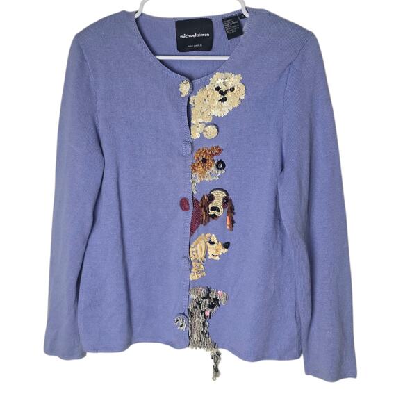Rare Michael Simon Beaded Sequin Dog Cardigan Sweater Purple M - Picture 1 of 9